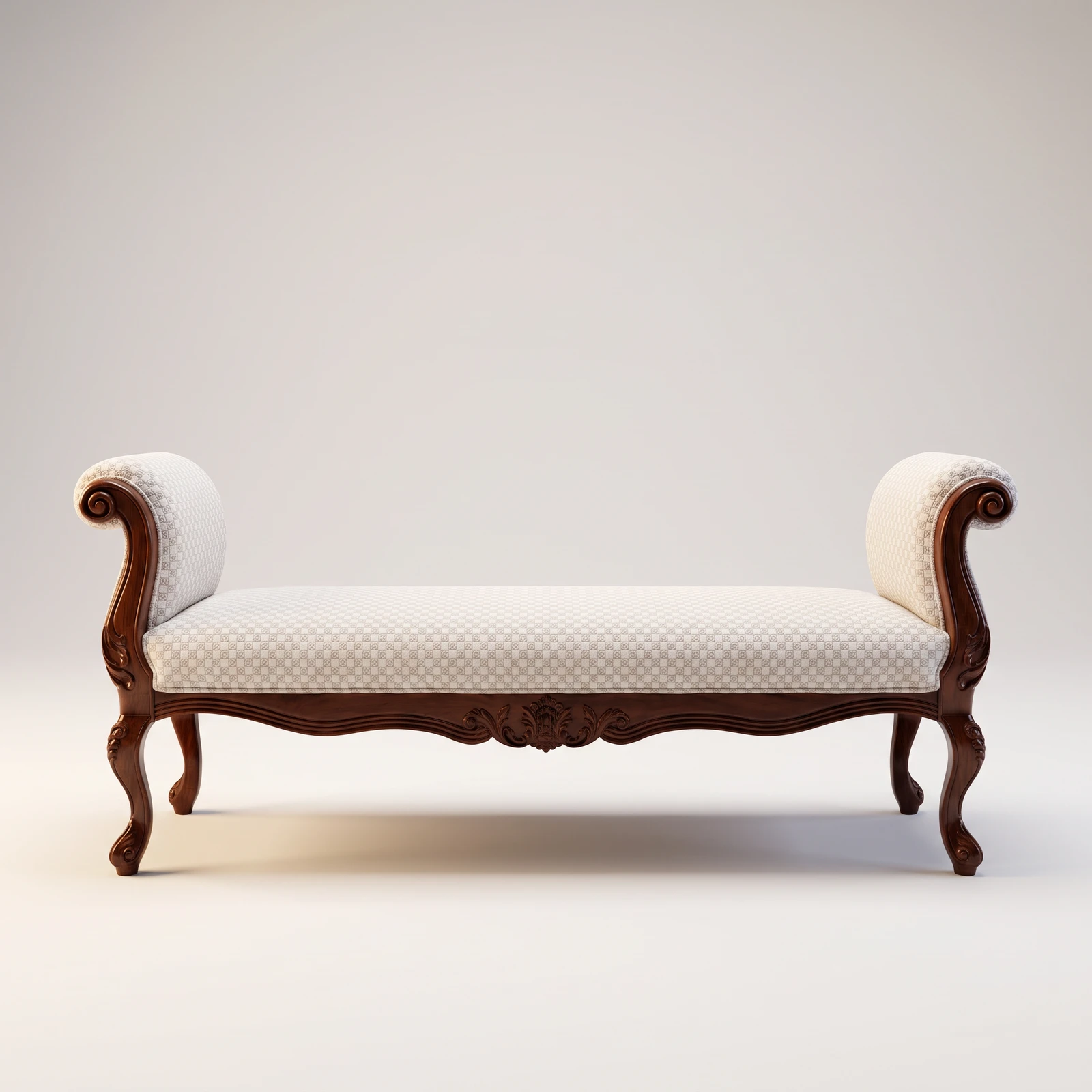 Victorian carved teak daybed with cream upholstered seat and ornate scrolled arms on cabriole legs
