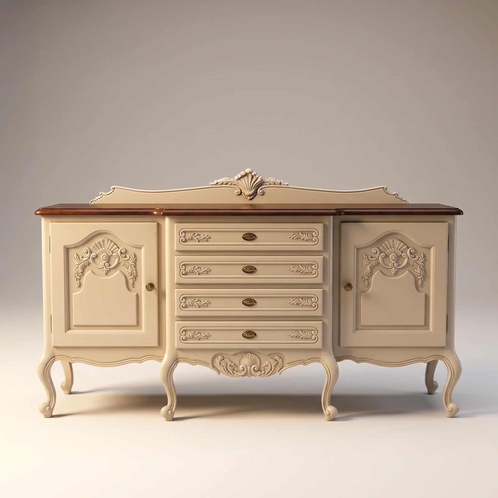 Cream painted Victorian buffet with carved acanthus details, four drawers, two cabinets and walnut timber top on cabriole legs
