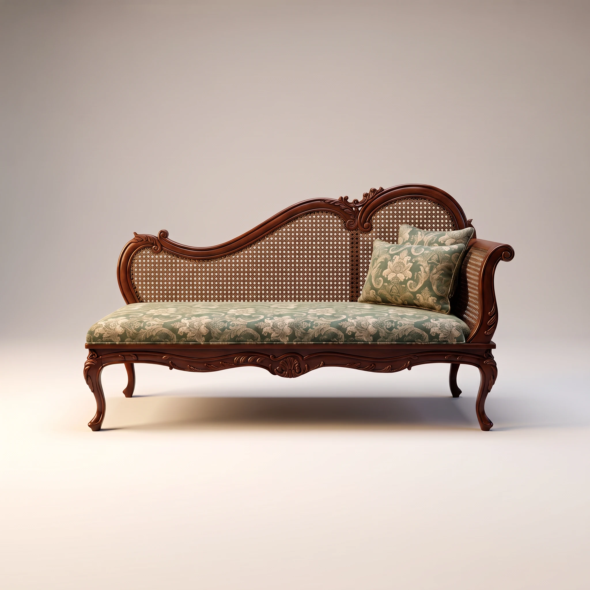 Rosewood lounger with arched caned back, scrolled arms, carved detailing and sage floral upholstered seat with matching cushion