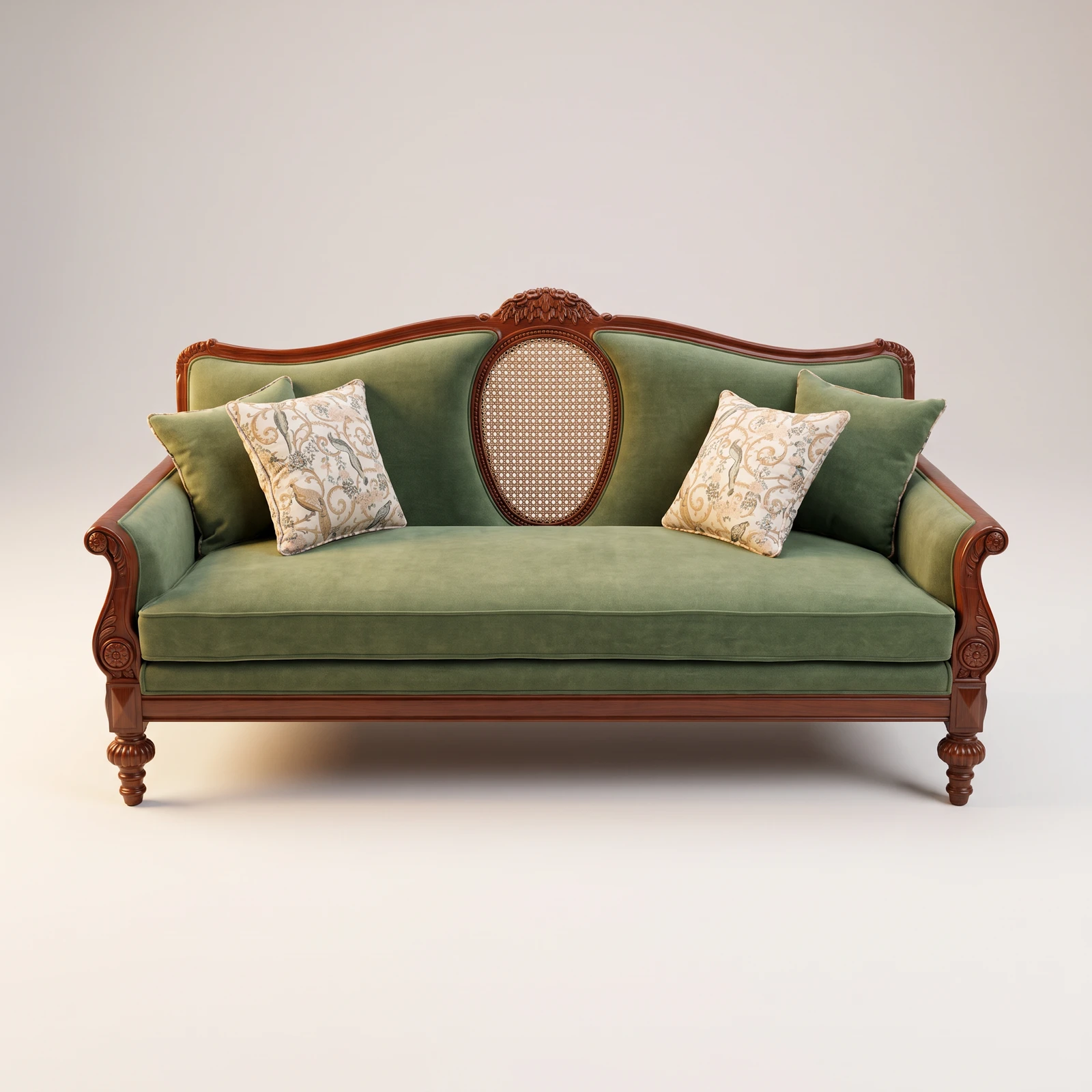 Sage green velvet settee with carved teak wood frame, cane backrest panel, turned legs and floral cushions