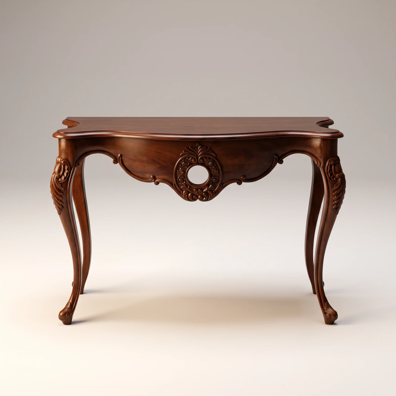 Victorian teak wood console table with ornate scrollwork apron, carved cabriole legs and rich brown finish