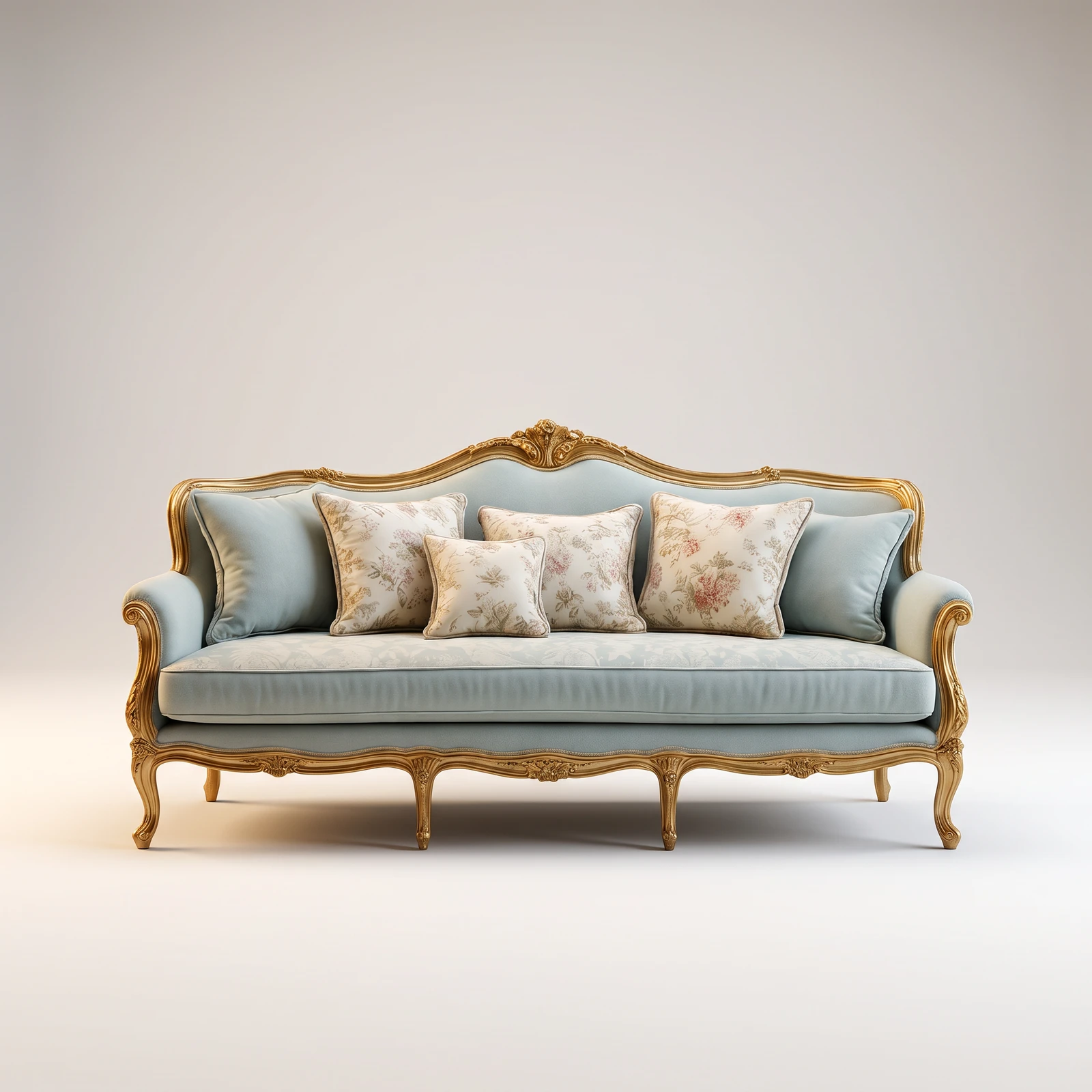 Gilded Salon Sofa with ornate gold teak frame, duck egg blue silk upholstery and floral cushions