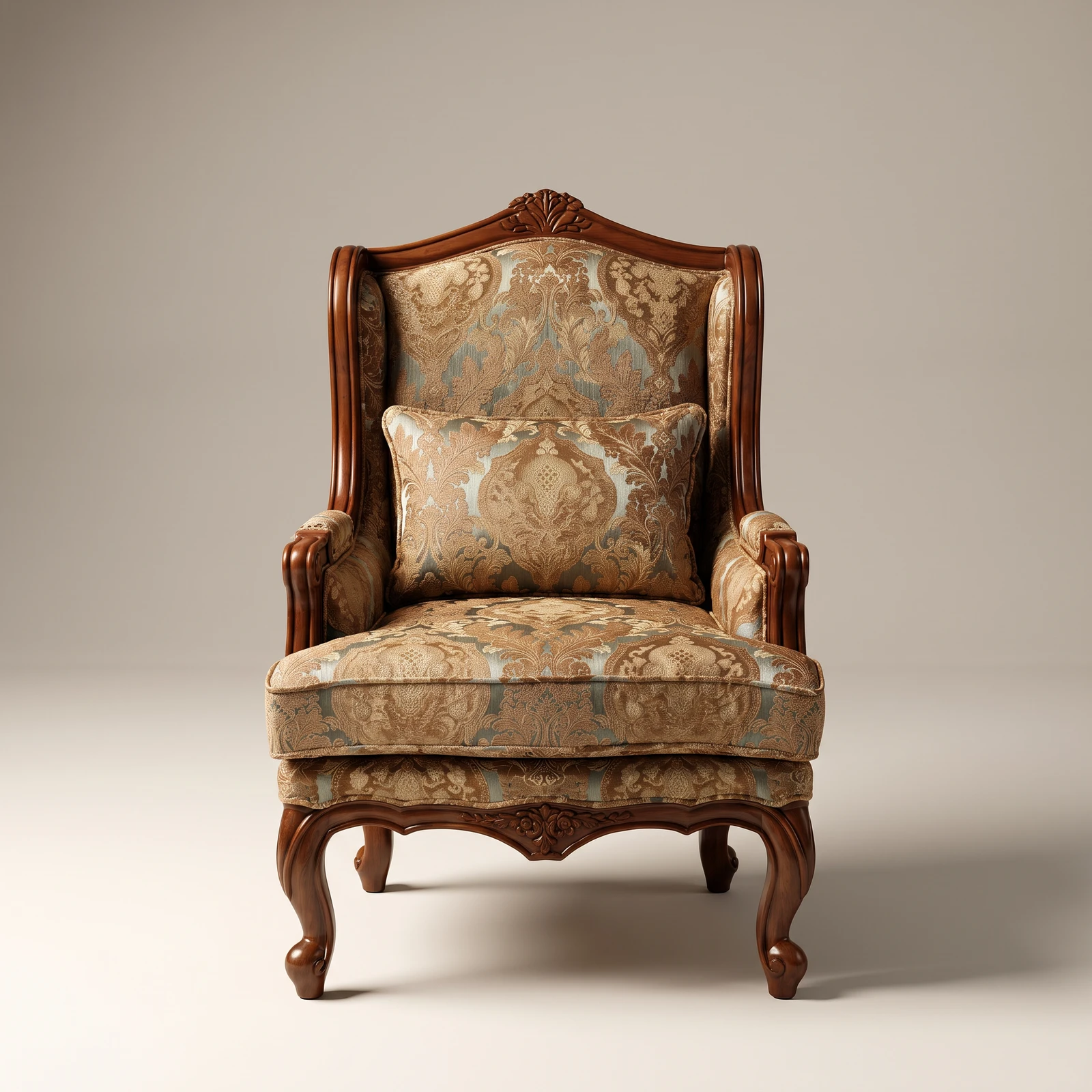 Regency style teak wingback armchair with shell carving, cabriole legs and gold sage brocade upholstery