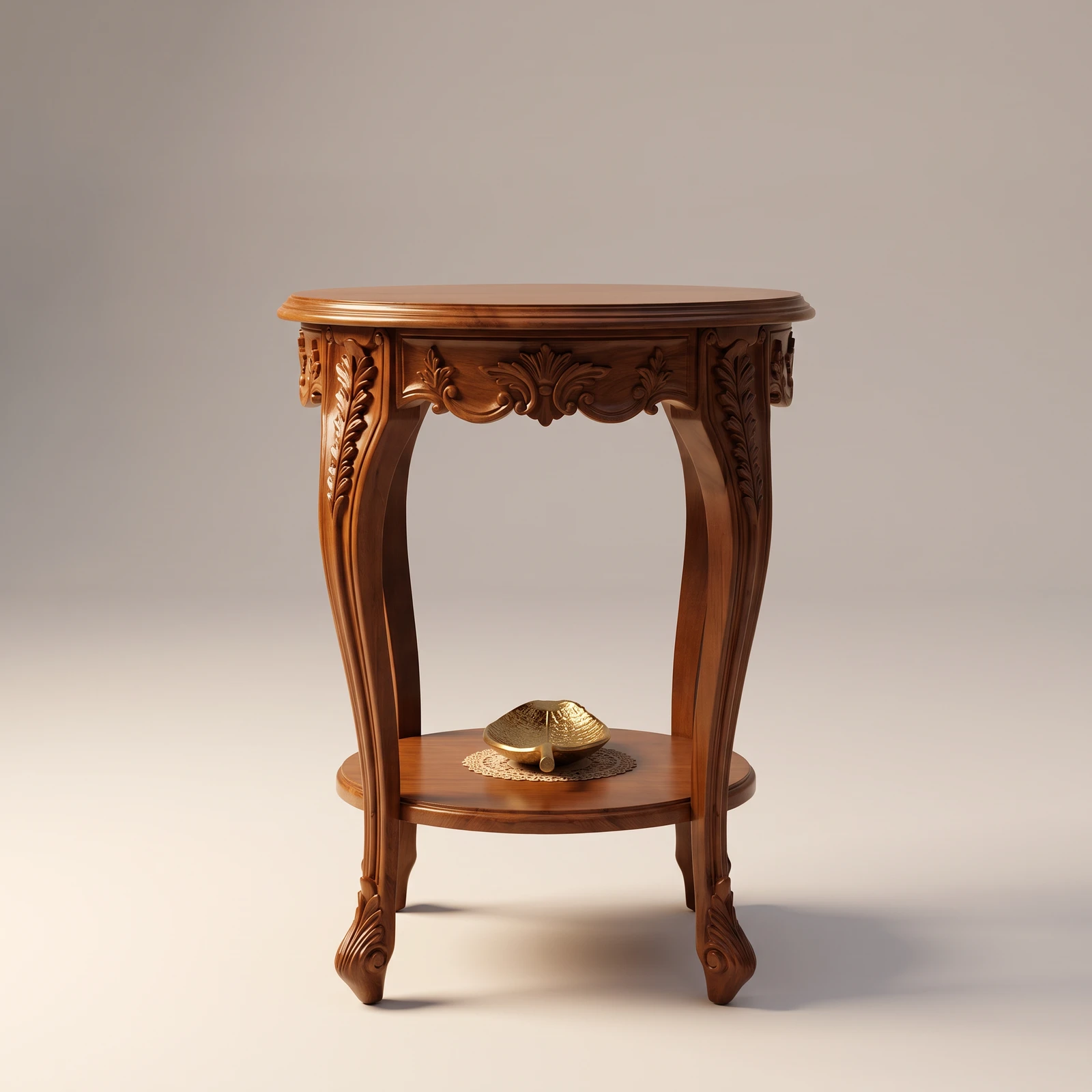 Regency teak side table with ornate hand-carved detailing, curved legs and round lower shelf holding brass decorative items