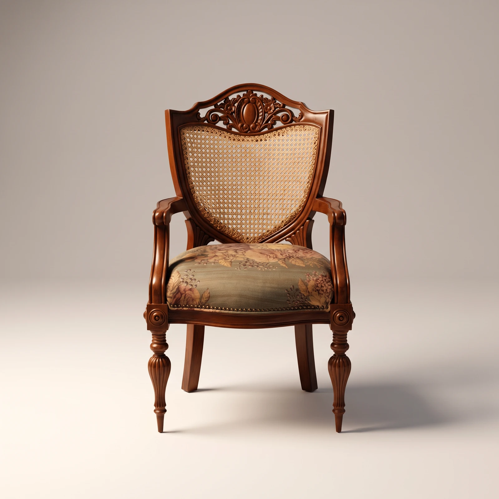 Victorian teak armchair with carved floral crest, cane shield-shaped back and floral upholstered seat on turned legs
