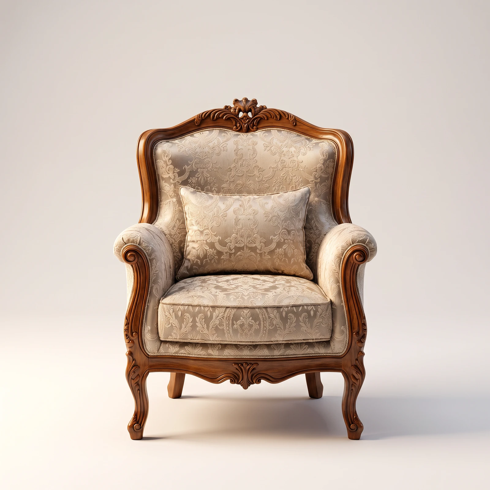 Carved teak wood armchair with scrolled arms, ornate crest rail and champagne damask upholstery with matching cushion