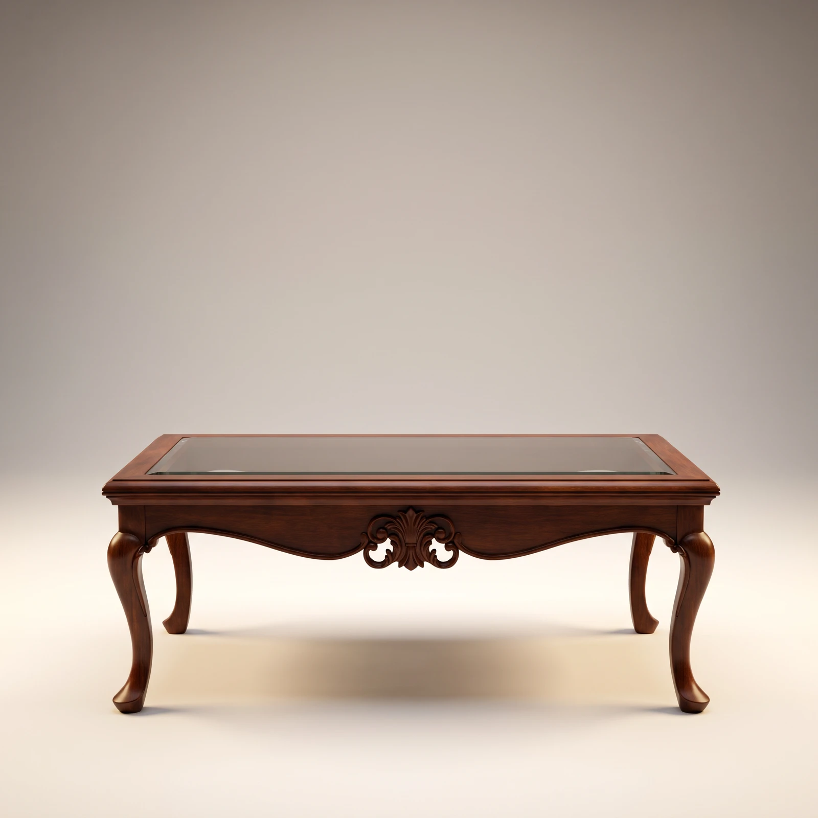 Carved teak centre table with cabriole legs, acanthus leaf detail and glass top in rich walnut finish
