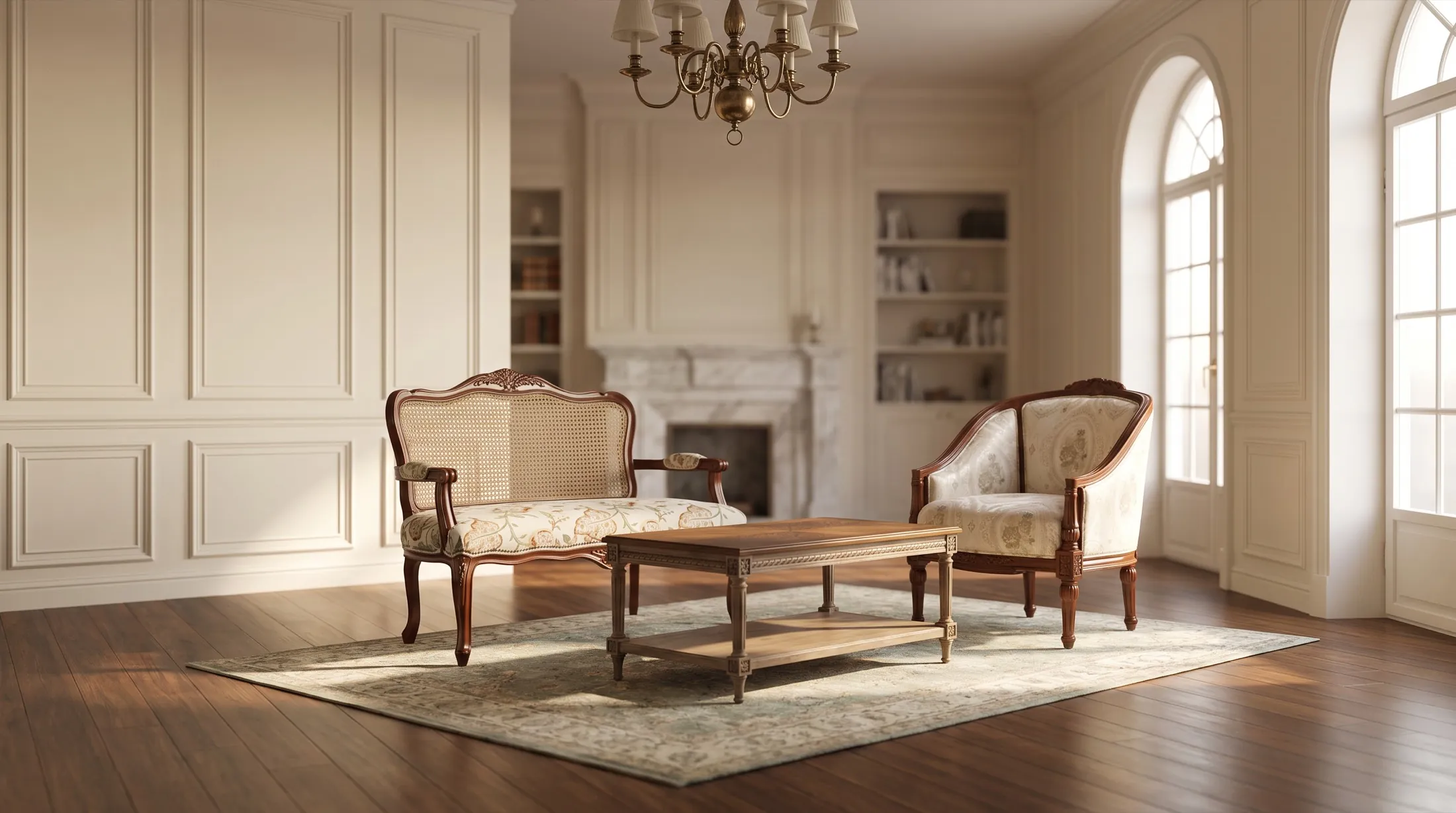 A drawing room furnished with the Marquise settee, Rosemont wingback chair and Londonderry coffee table